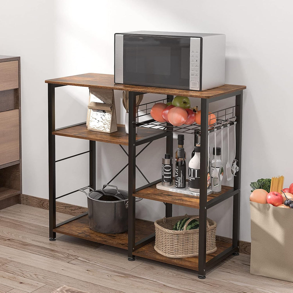 DlandHome Kitchen Bakers Rack with Storage Stand for Kitchen, Industrial Kitchen Baker's Rack, 35.4 inches Microwave Oven Stand, 3-Tier+4-Tier Utility Storage Shelf with Hooks and Basket Rustic Brown