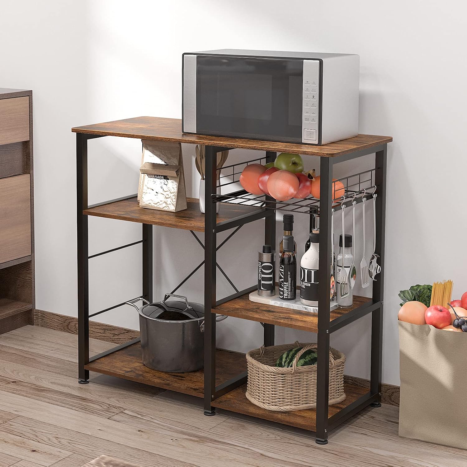 DlandHome Kitchen Bakers Rack with Storage Stand for Kitchen, Industrial Kitchen Baker's Rack, 35.4 inches Microwave Oven Stand, 3-Tier+4-Tier Utility Storage Shelf with Hooks and Basket Rustic Brown