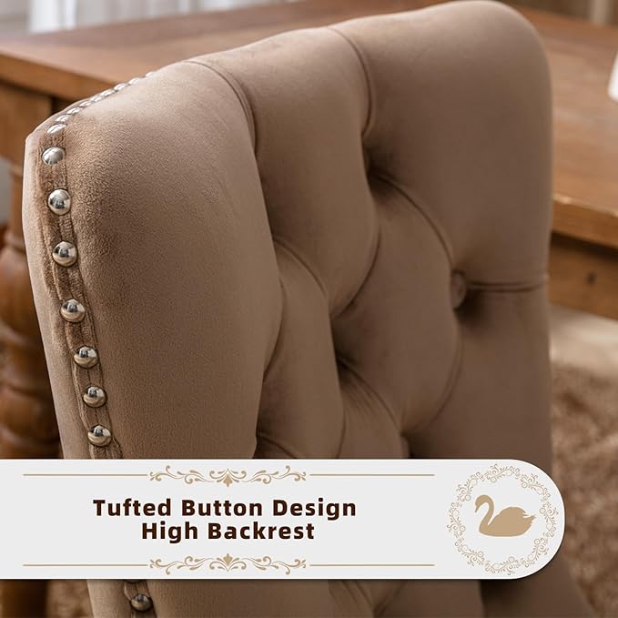 Velvet Upholstered Dining Chairs Set of 8, Modern Style Kitchen Side Chairs with Nailhead Trim and Wood Legs,Metal Pulling Ring for Dining Room Living Room(Khaki)