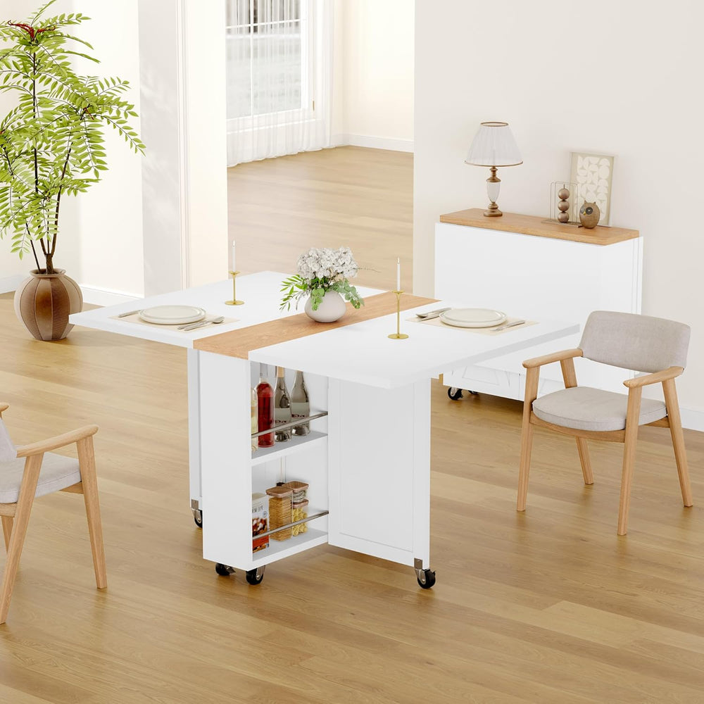 Folding Dining Table with 6 Wheels, Drop Leaf Tables for Small Spaces, Foldab...