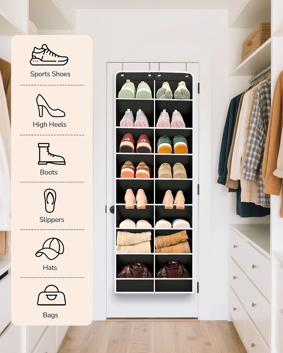 ULG Over The Door Shoe Organizer with 16 Large Pockets, Hanging Shoe Rack for Closet Door, Space Saving Shoe Storage Black