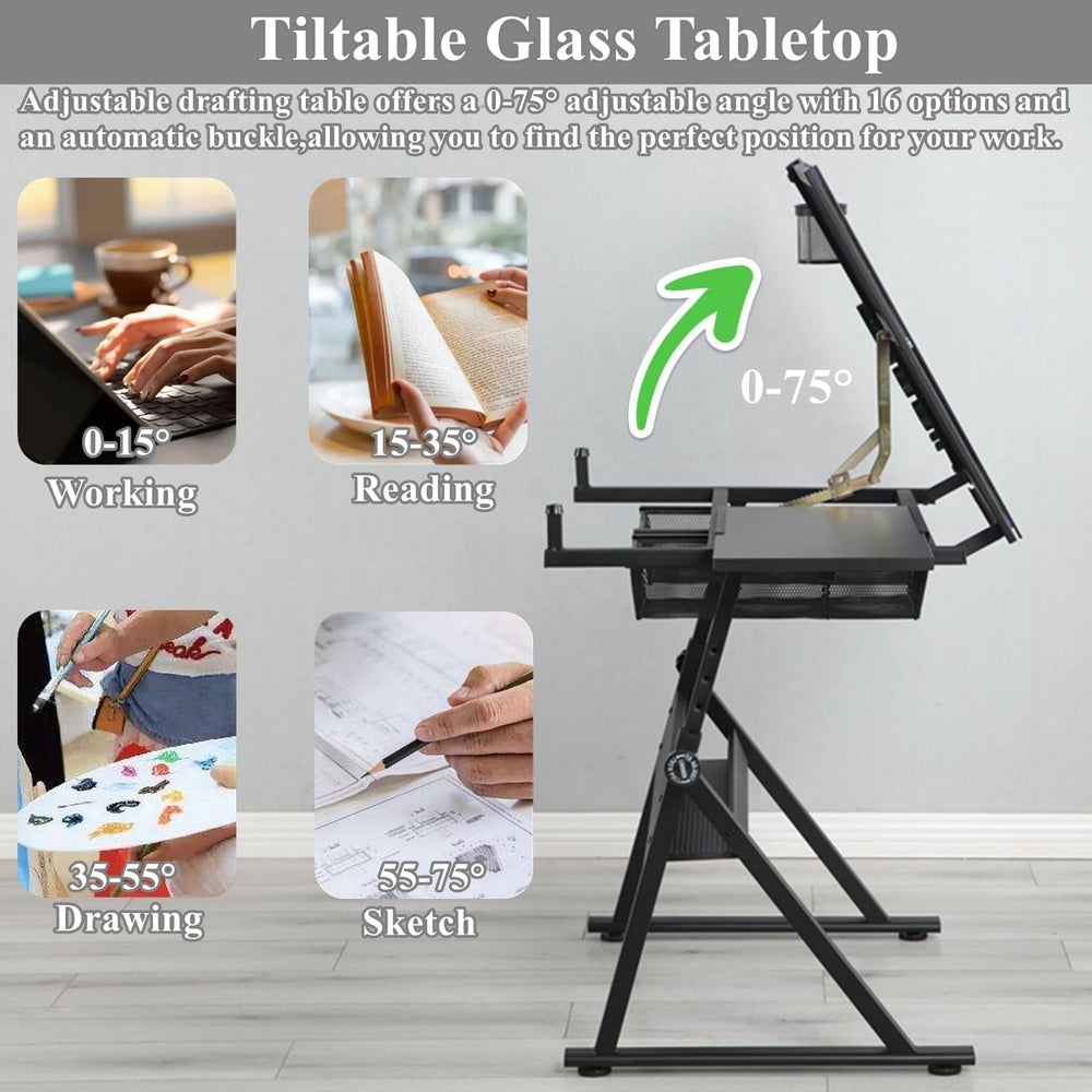 Drafting Table for Artists, Height Adjustable Glass Drawing Table with Stool,...
