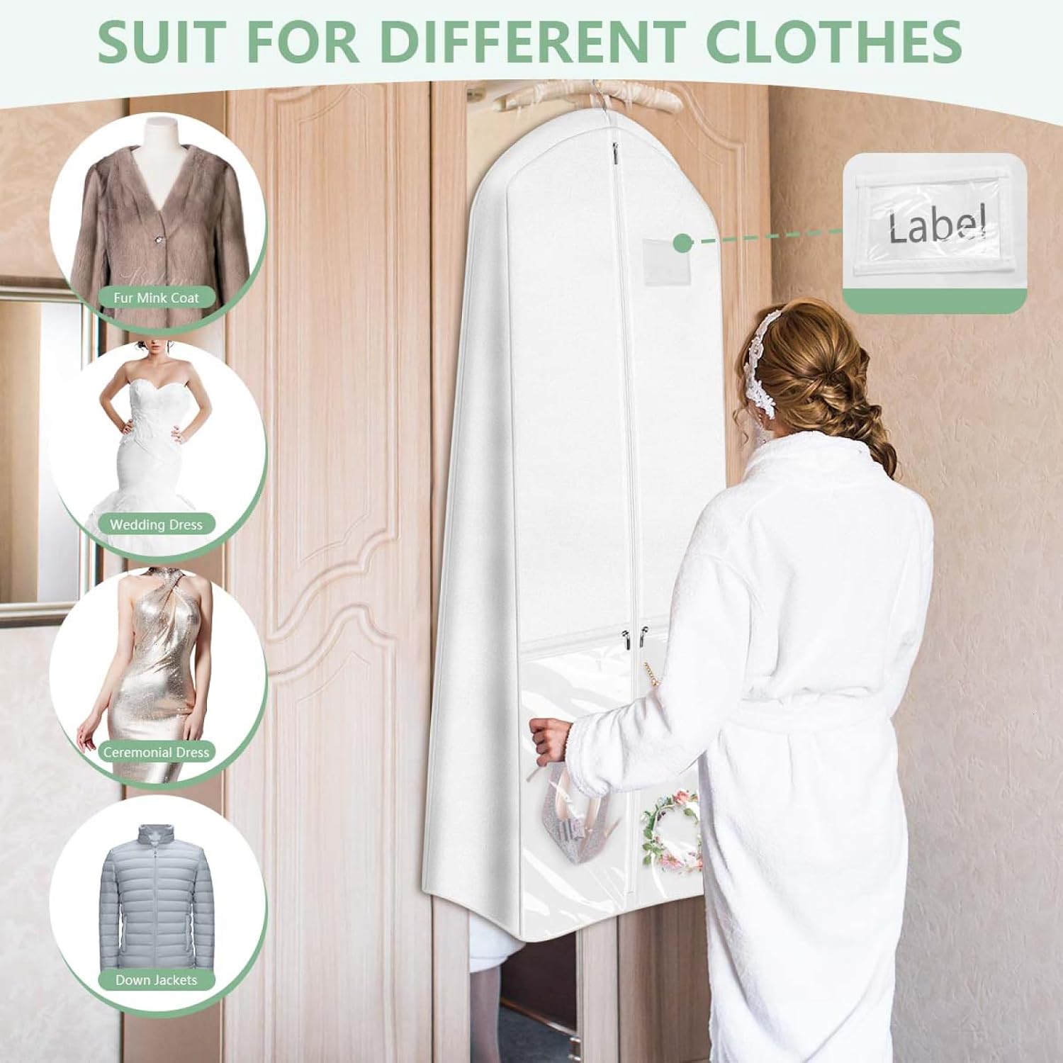 72" Long Wedding Dress Garment Bag Cover for Gowns Women with 10'' Gusseted Dress Bags 4 Pocket (White 2 Pack)