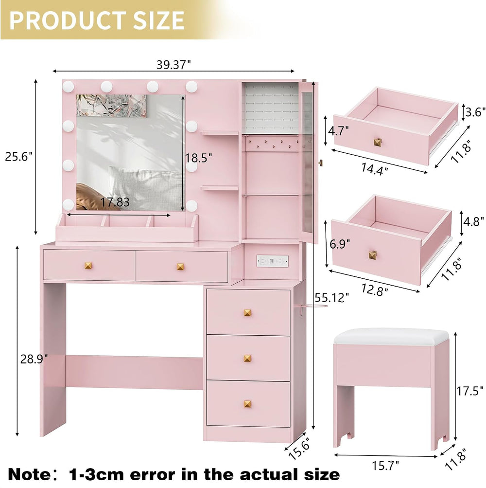 Vanity Desk with Mirror and Lights, Makeup Vanity Table Set with 5 Storage Dr...