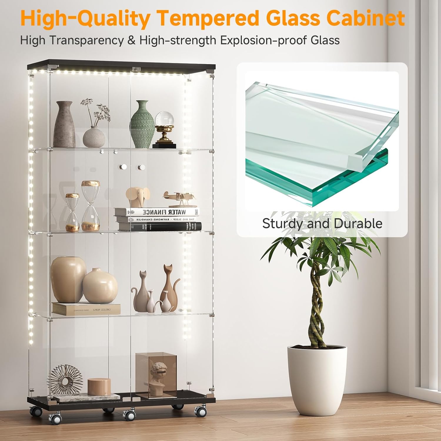 Tempered Glass Display Cabinet with Light Strip, 4-Tier Curio Cabinet with Glass Doors Wheels Locks, Glass Display Case for Collectibles for Living Room, Bedroom, Office, Black, Double Door