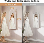 47in Tall Jewelry Cabinet Organizer, Arched Wall or Door Mounted Jewelry Armoire with Full-Length Mirror, 6 LEDS Lockable Hanging Mirror Cabinet with Storage, 2 Drawers, Women Girls Gifts,White