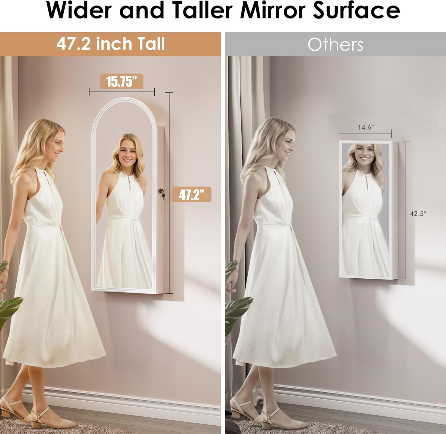 47in Tall Jewelry Cabinet Organizer, Arched Wall or Door Mounted Jewelry Armoire with Full-Length Mirror, 6 LEDS Lockable Hanging Mirror Cabinet with Storage, 2 Drawers, Women Girls Gifts,White