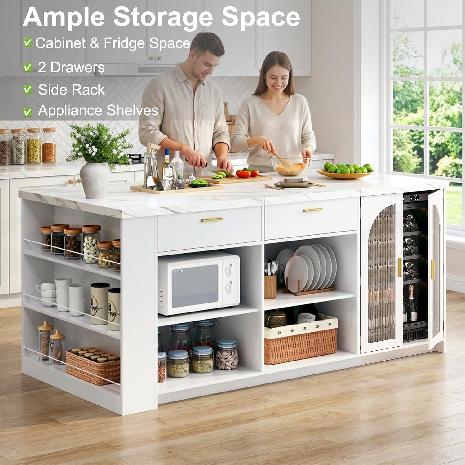 IBF 71" Modern Large Kitchen Island with Storage, White Faux Marble & White | Wood Island Table with Seating for 4, Stationary Island Cabinet with Drawers & Fridge Space, Counter Height Island Bar