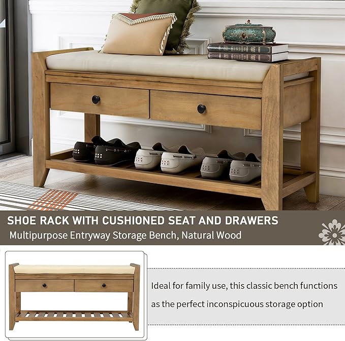 39″ Storage Bench with Cushioned Seat and Drawers,Multipurpose Wooden Entryway Ottoman,Hidden Compartment Organizing Shoe Rack,for Bedroom Hallway Porch,Old Pine