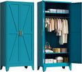 71" Tall Metal Wardrobe Closet with Adjustable Shelves and Hanging Rod, 2 Doors Free Standing Armoire Wardrobe Cabinet for Bedroom, Office, Laundry Room, Blue