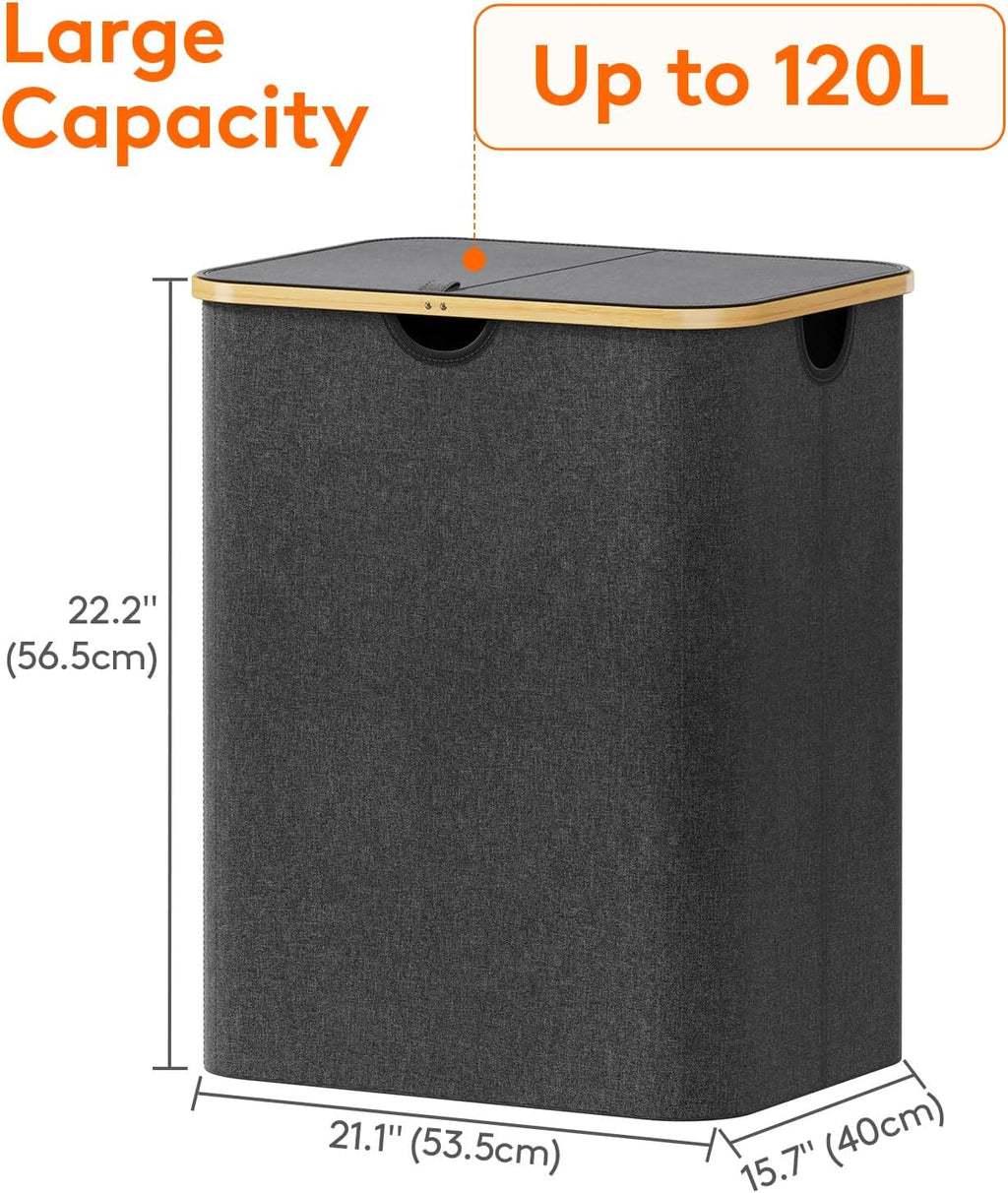 Lifewit 120L Laundry Basket with Lid, Clothes Hampers for Laundry with Bamboo Handles and A Removable Laundry Bag, Large Foldable Hamper for Bedroom, Bathroom, Dorm, Laundry Room, Dark Gray