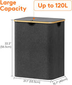 Lifewit 120L Laundry Basket with Lid, Clothes Hampers for Laundry with Bamboo Handles and A Removable Laundry Bag, Large Foldable Hamper for Bedroom, Bathroom, Dorm, Laundry Room, Dark Gray