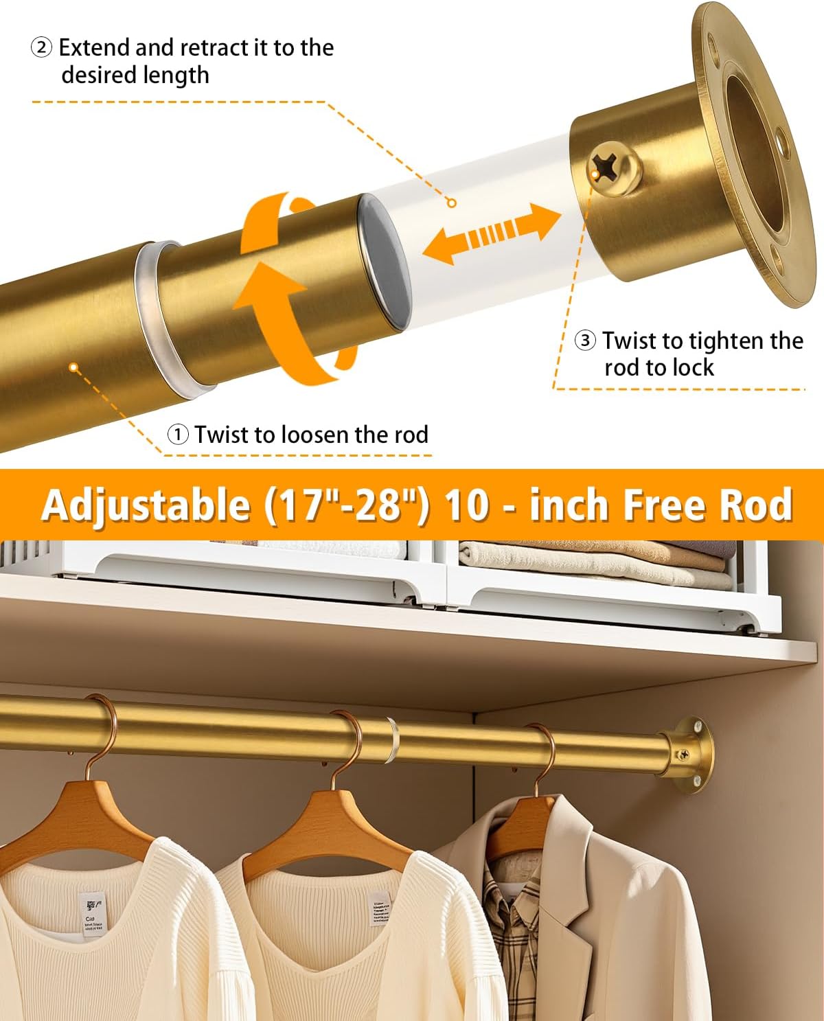 Closet Rods for Hanging Clothes, 17-64 Inch Heavy Duty and Stepless Adjustable Closet Poles, Stainless Steel Closet Hanging Rod for Closet, Wardrobes, Laundry Room, Bathroom, RV (Gold)