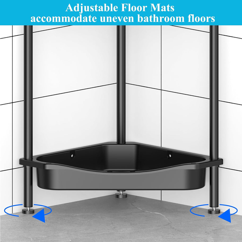 4 Tier Floor Standing Corner Shower Caddy Organizer Shelf with Hooks, Bathroom Shelves Stand Rack, Jet Black