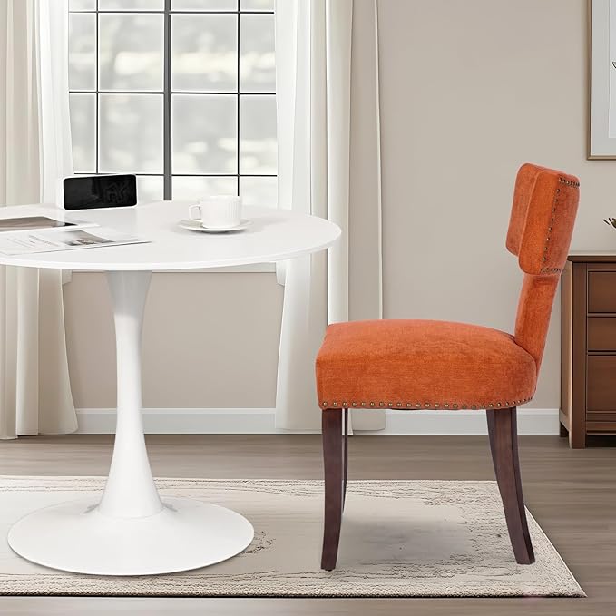 3-Piece 31.5" Round Dining Table Set for 2 with Upholstered Chairs – Space-Saving Modern Small Kitchen Cafe Bistro Set(T-Back Orange Linen Chair)