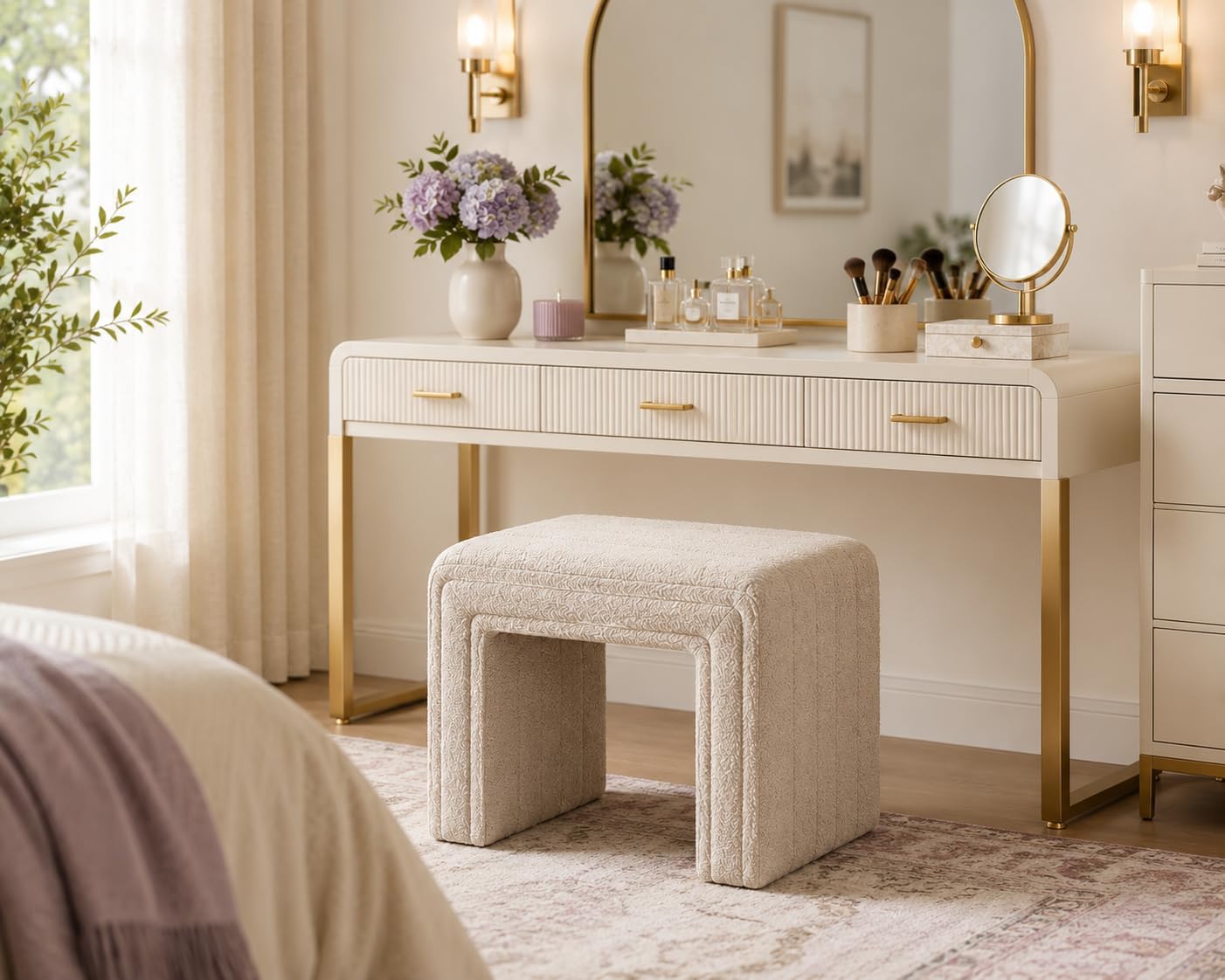 Modern Boucle Ottoman, Upholstered Arch Footstool Extra Seat for Makeup Room, Living Room & Entryway, Fully Assembled Vanity Stool – Camel Brown