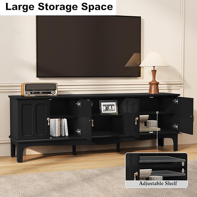 ARTPOWER 67“ Mid-Century Modern TV Stand for TVs up to 75”,Entertainment Center with Door Cabinets and Open Shelves,TV Console with Storage,Black Media Cabinet for Living Room,Bedroom