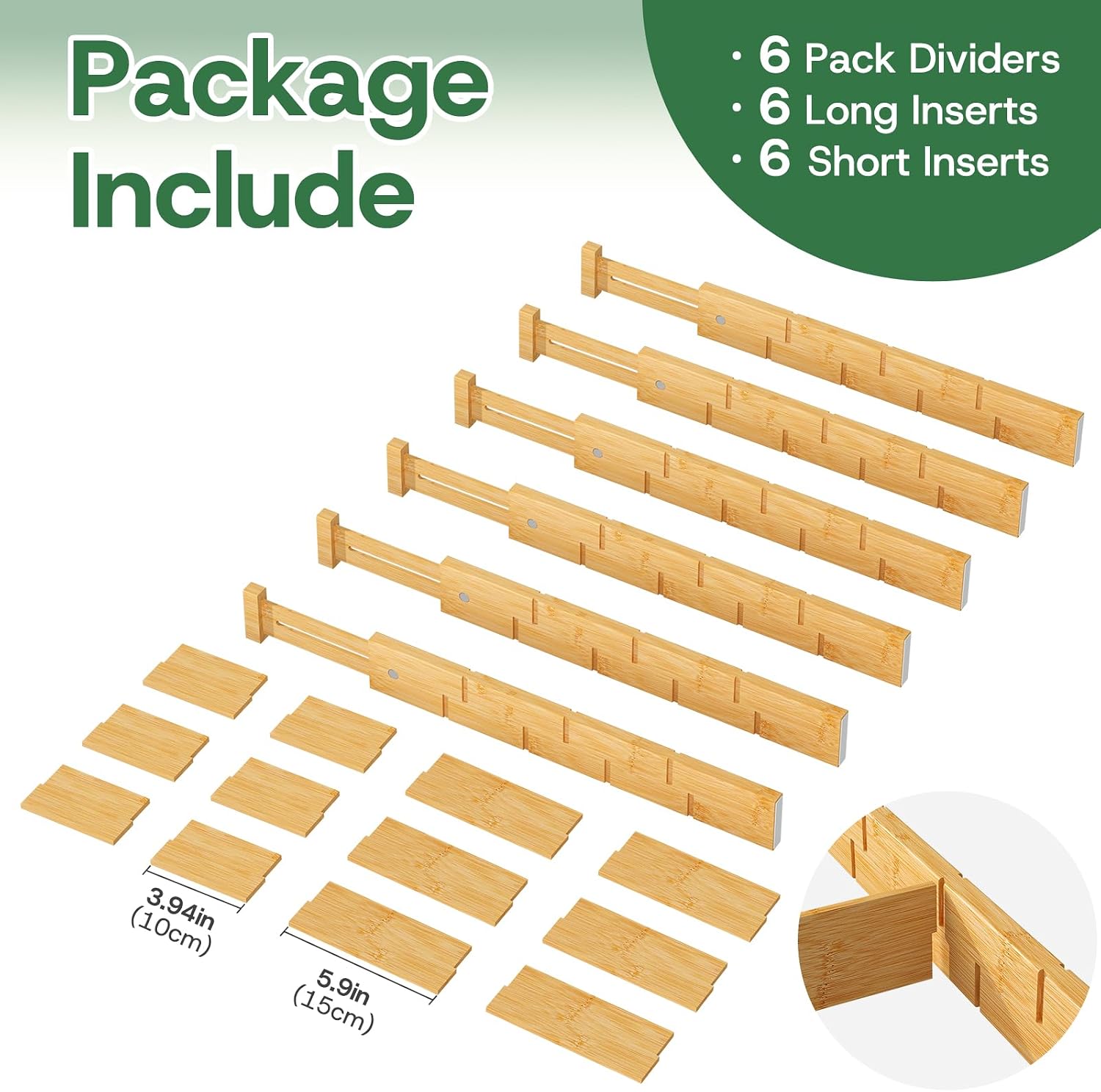 kiplant Bamboo Drawer Dividers - Adjustable Drawer Dividers for Kitchen, Clothes, Closet & Office - 6 Pack with Inserts, 18-22.6 Inches, Non-Slip Silicone Ends