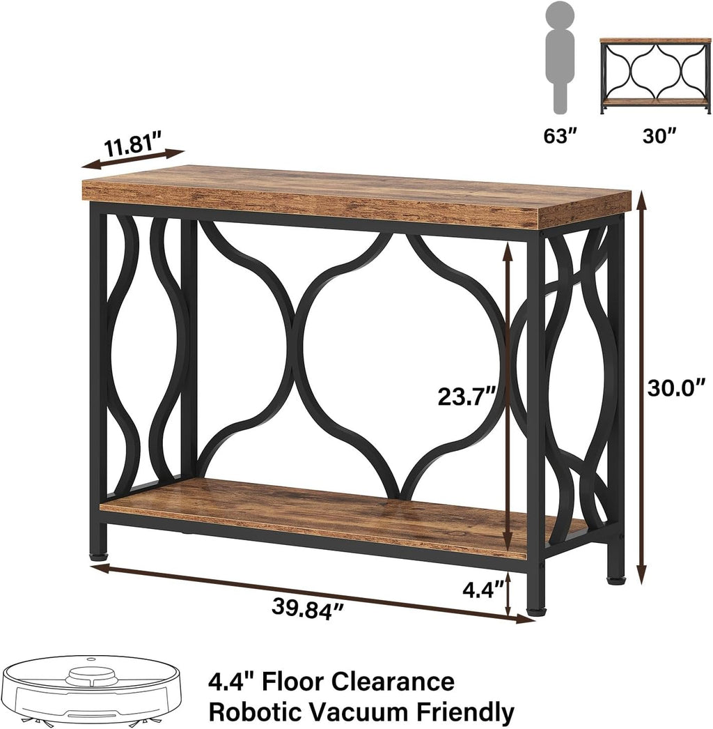 IBF 39.4" Console Sofa Table, Farmhouse Entryway Table Hallway Rustic Brown | Industrial Wood Metal Entry way Narrow Behind Couch Tables with 2-Tier Storage Shelves in Living Room Foyer Entrance