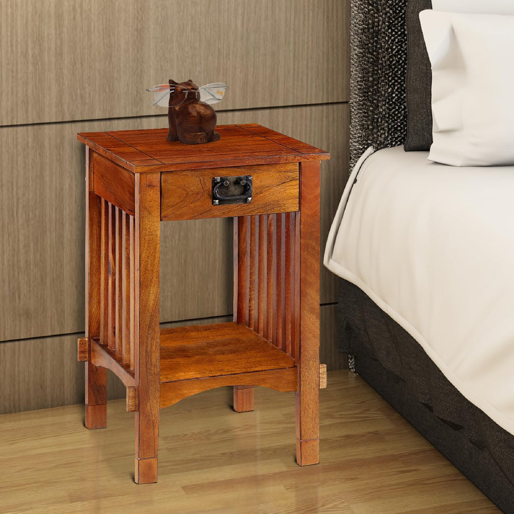Maykoosh Telephone Stand Wood Mango Brown Drawer Storage Organizer Home Decor