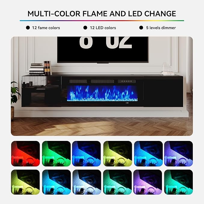 MXV 70'' Floating TV Stand, Modern Media Entertainment Center with 36" Electric Fireplace, TV Console Cabinet Wall Mounted, Adjustable 12-Color LED Lights, for Living Room, Black + Black