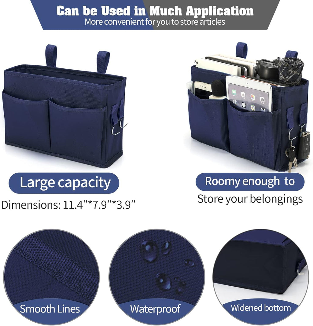 Bseash Bunk Bed Organizer, Bedside Caddy Hanging Bed Organizer Storage Bag with 4 Pockets and 2 Hooks, for College Dorm Rooms Bed, Hospital Bed, Baby Bed Rails, 600D Oxford Cloth (Navy Blue)