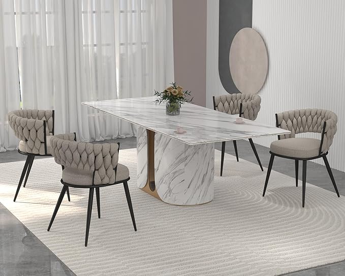 KCC Fabric Dining Chairs Set of 4, Modern Dining Chair with Metal Legs, Woven Upholstered Dining Chairs for Dining Room, Kitchen, Vanity, Living Room (Beige)