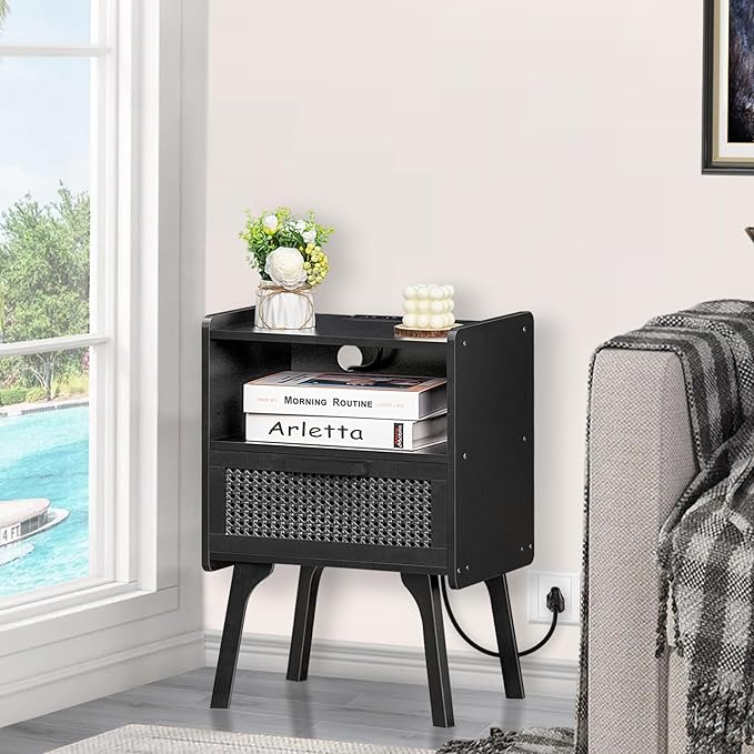 Lerliuo Rattan Nightstands Set of 2 with Charging Station, Boho Side Table wi...