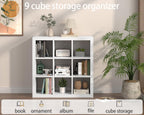 Bookshelf with Storage Bins, 9-Cube Storage Organizer Sturdy Wooden Bookcase Open Book Shelf, Multifunctional Cubicle Rack for Storages & Display, Furniture for Living Room Bedroom Office, White