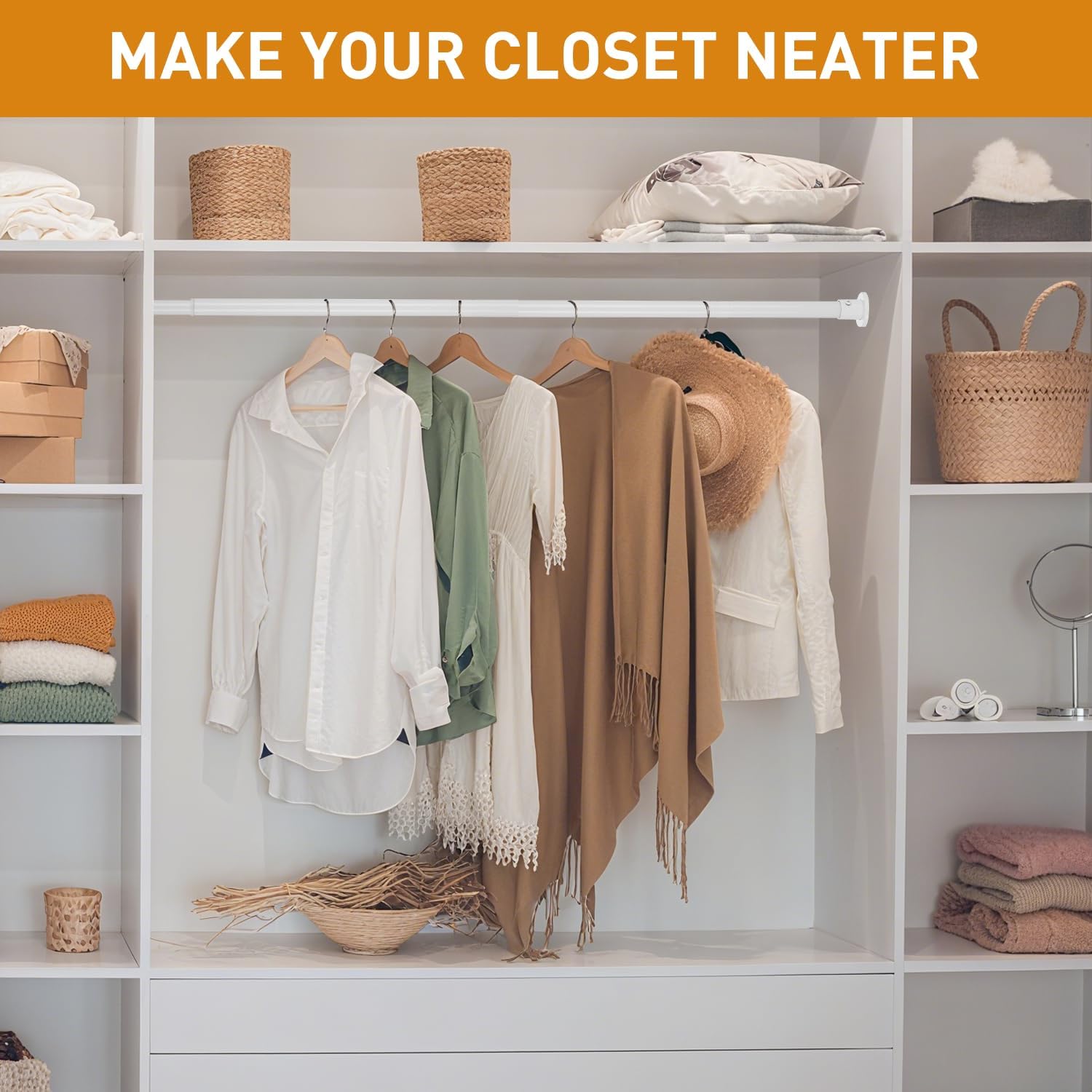White Adjustable Closet Rod 18-63 Inches, Heavy Duty Metal Clothes Hanging Rod, Rust-Proof Non-Slip Wardrobe Bar for Closet, Laundry Room, RV