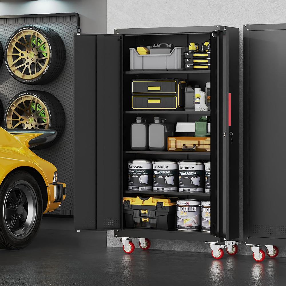 Metal Storage Cabinet with Wheels,71"Garage Cabinets with Lock Door | He...
