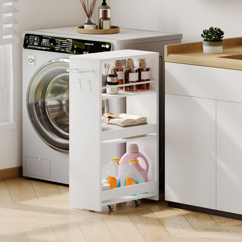 ChooChoo 4-Tier Slim Storage Cart with Handle, 7.87" W Rolling Utility Cart on Universal Wheels, Kitchen Cart Mobile Shelving Organization for Laundry Room, Bathroom & Narrow Places, White