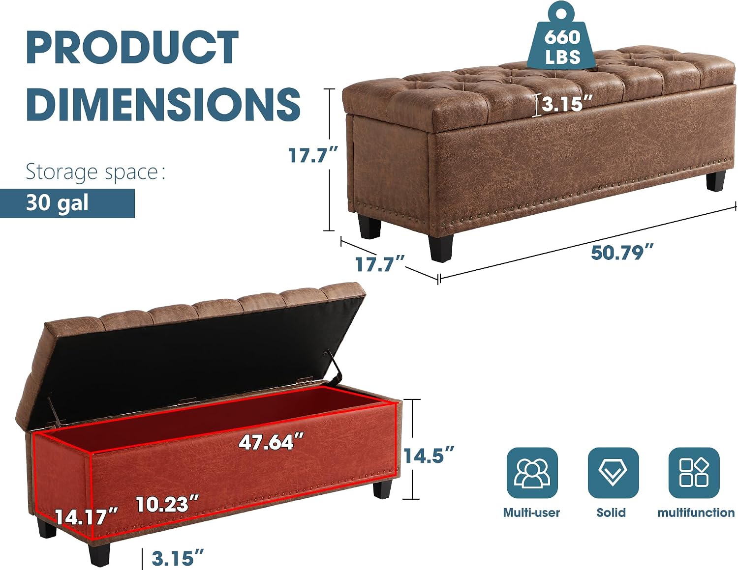 Grepatio Storage Ottoman Bench for Bedroom - 51" Tufted End of Bed Storage Benches with Foot - Upholstered End of Bed Bench - Large Rectangular Bed Ottoman Benches for Living Room Bedroom (Brown)