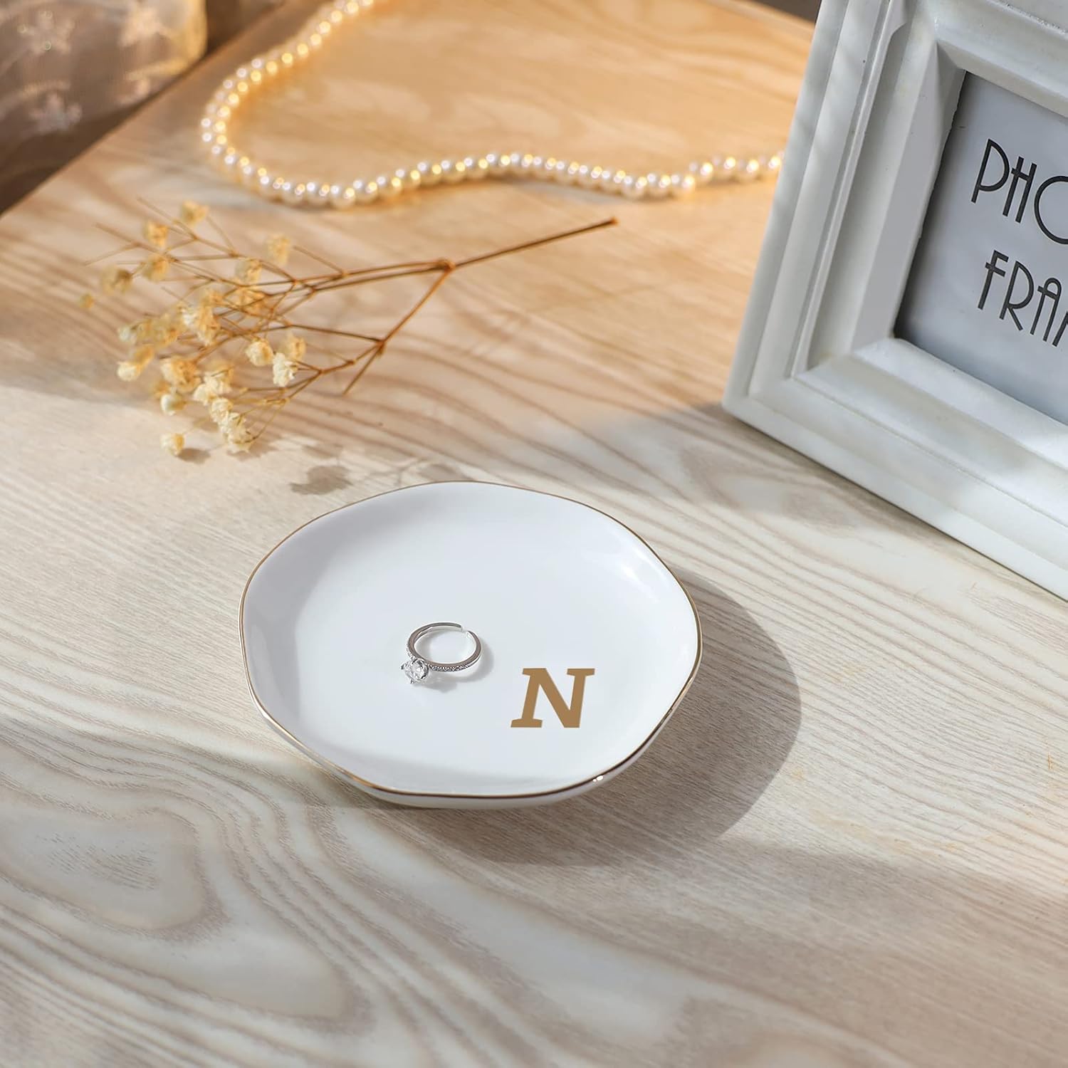 Initials Ring Dish Jewery Tray with personalized N-Monogrammed Gifts Wedding Engagement for Women Friends sister,Ceramic White