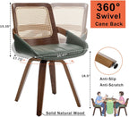 Set of 1 Swivel Rattan Dining Chair - Mid Century Modern Dining Chair with Bentwood Frame, Ergonomic Cane Back, Curved Arms, Faux Leather Swivel Chair for Kitchen/Restaurant (Walnut Green, Set of 1)