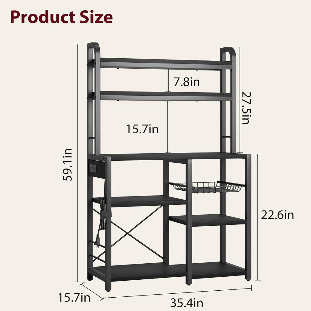 IDEALHOUSE Bakers Rack with Power Outlet, Coffee Bar with Wire Drawer, Industrial Microwave Stand, Kitchen Buffet Table with Large Storage, 6-Tier Kitchen Storage Rack with Hutch, Rustic Black