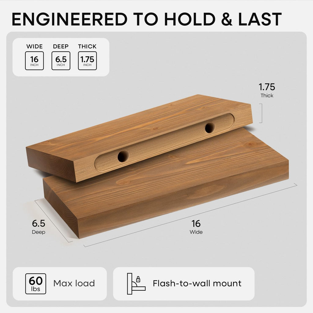Homeforia 16 inch Golden Oak Floating Shelf, High End Solid Real Wood 16inch Small Floating Shelves for Wall Mounted, Oak Wooden 16in Floating Shelves, Heavy Duty Bracket, 16 X 6.5 X 1.75 in, Set of 3