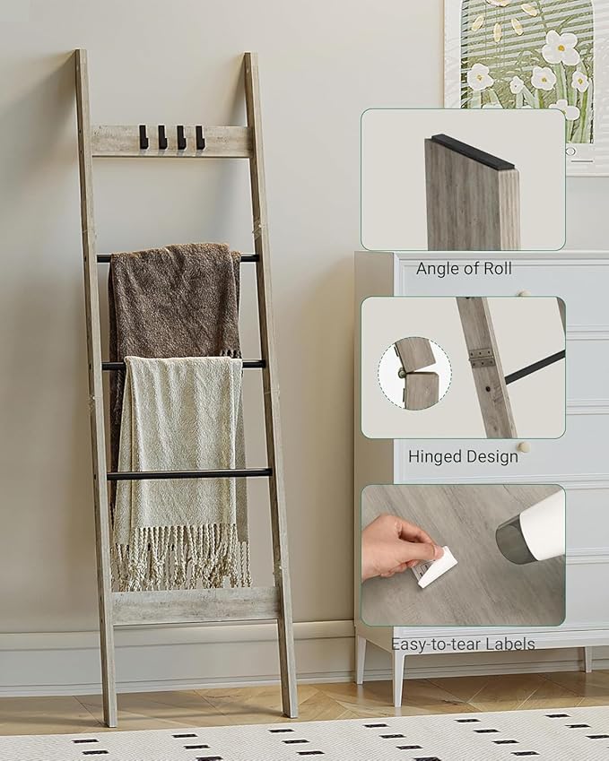 Blanket Ladder for Living Room, Decorative Quilt Rack with 4 Removable Hooks, 5-Tier Farmhouse Ladder Holder Shelf Organizer for Bedroom, Greige and Black BR02105B