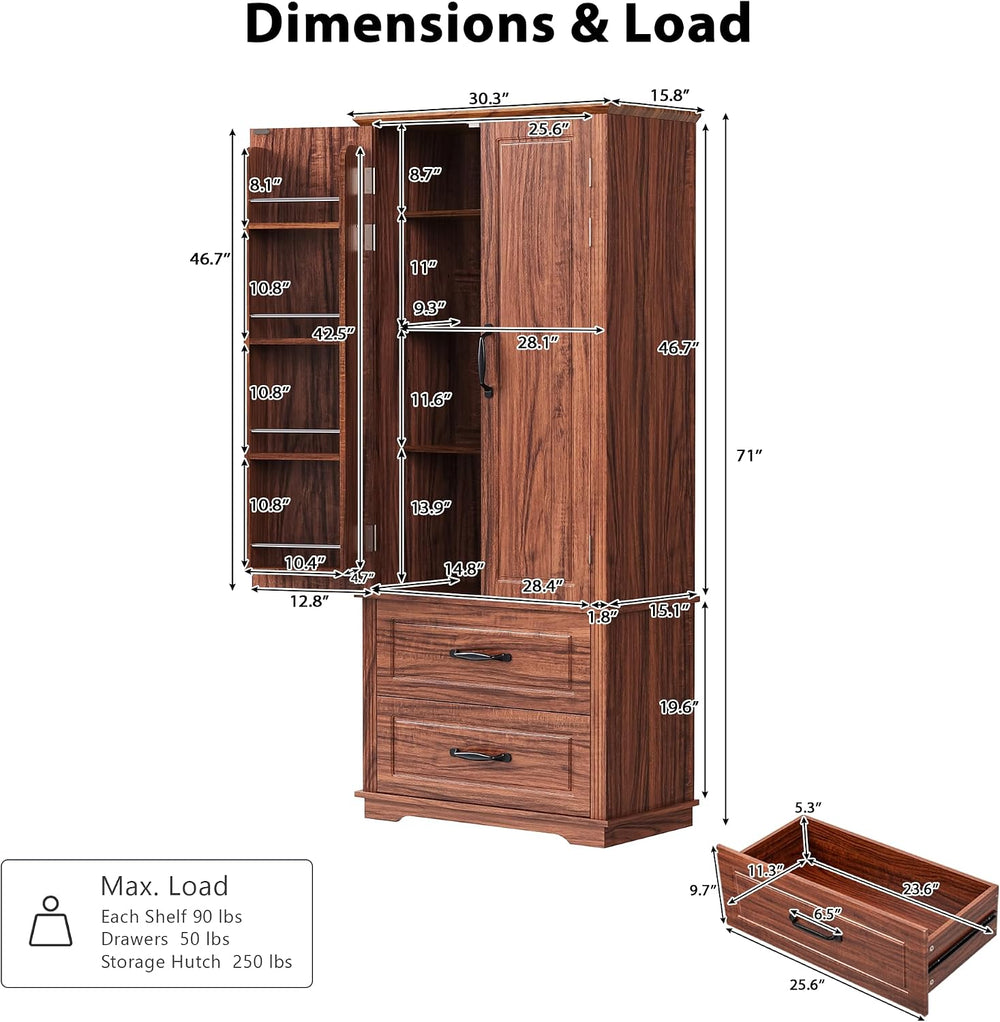71" Farmhouse Kitchen Pantry Cabinet with 2 Large Drawers,Embossed Textu...
