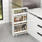 MAT EXPERT Slim Rolling Storage Cart, 4-Tier Freestanding Slim Storage Cart with Wheels 360 Degree & Metal Handle, Wooden Utility Cart for Narrow Kitchen, Laundry Room, Bathroom (Plain White)