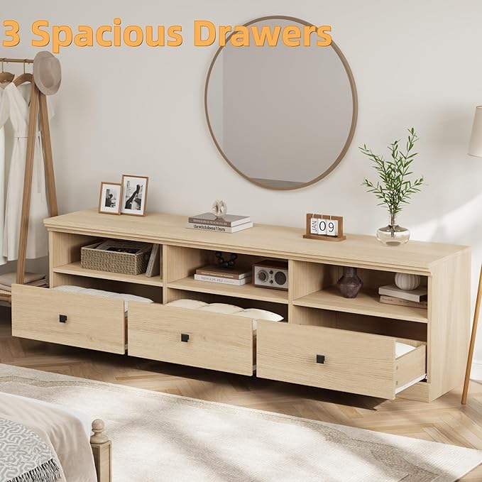IDEALHOUSE 70in TV Stand for TVs up to 80", Mid Century Modern Entertainment Center with Storage Drawer and Open Shelves, TV Console Media Cabinet for Living Room, Bedroom, Light Oak