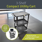 Pearington 3-Shelf Multipurpose Mobile Utility Cart with 2 Bins and Lockable Wheels, Heavy-Duty Plastic Rolling Presentation Cart for Offices and Warehouses, Black
