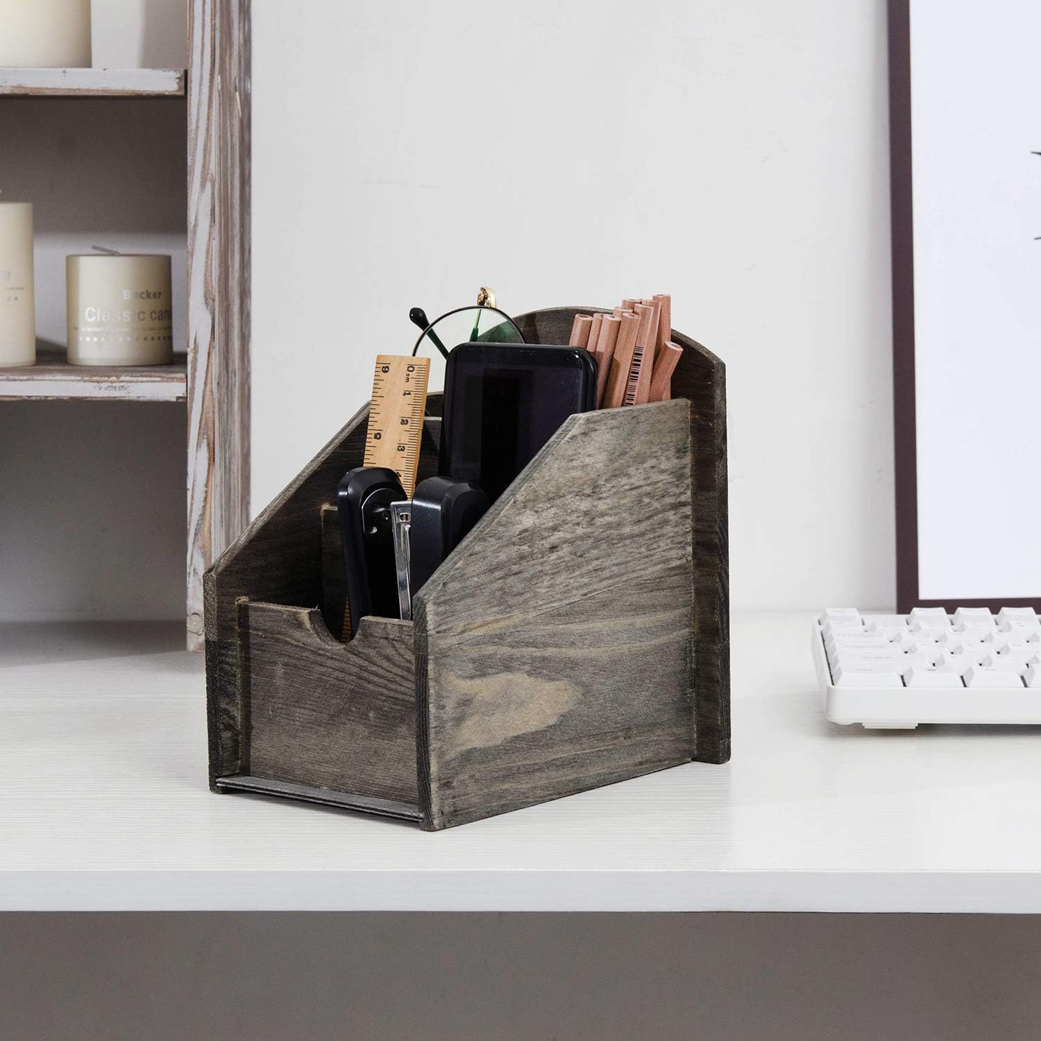 VERGOODR 3 Slot Rustic Wooden Remote Control Frame Media Organizer,Office Supply Storage,Magazine Pen Holders (Rock grey)