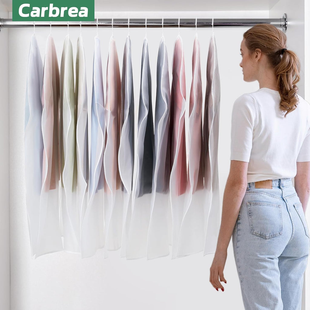 Carbrea 6 Pack Translucent Garment Bags for Hanging Clohes - 24" x 42" | Thick PEVA Materials, Smooth Zipper, with Zipper Protection, Breathable, Washable, Reusable, for Closet Storage, Travel Use