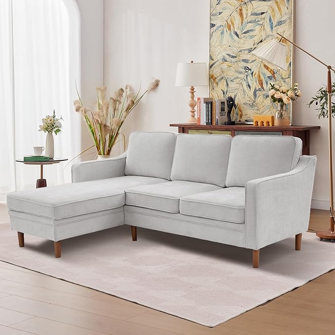 Kingfun 88" L-Shape Sofa, Chenille Sectional Couch, Mid Century Modern Couches with Solid Wood Frame for Living Room & Bedroom, Silver Gray