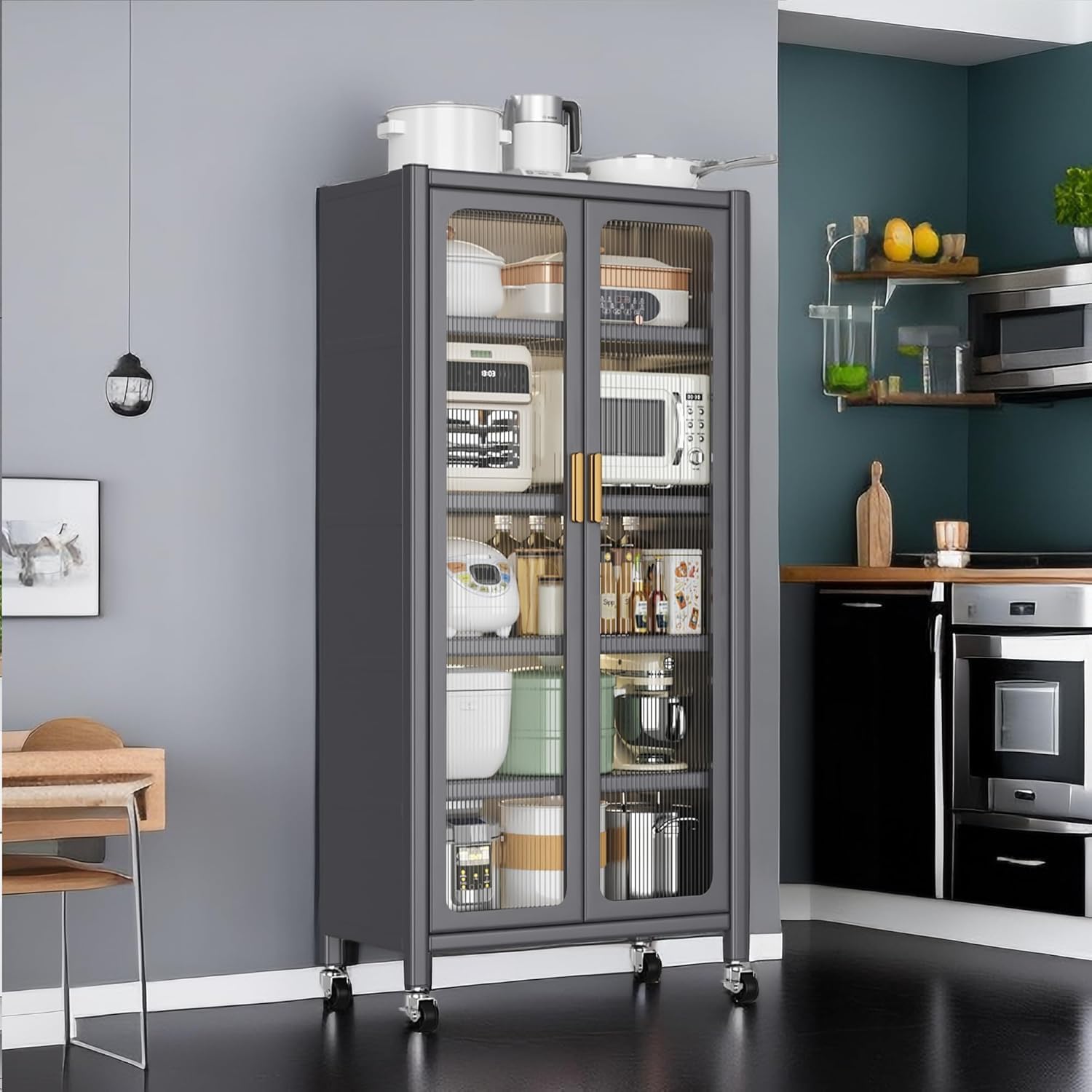 6 Tier 63" Kitchen Appliance Storage,Appliance Cabinet,Bakers Rack with Doors with Transparent Flap Door Design Kitchen Storage Shelves,Microwave Stand for Dining Room Black