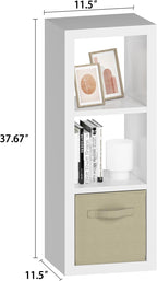 furtble 3 Cube Storage Organizer Shelf with Bins, White 3 Tier Bookcase with Fabric Storage Bins, Morden Bookshelf for Bedroom, Living Room, Closet, Office, 11.5" D x 11.5" W x 37.67" H