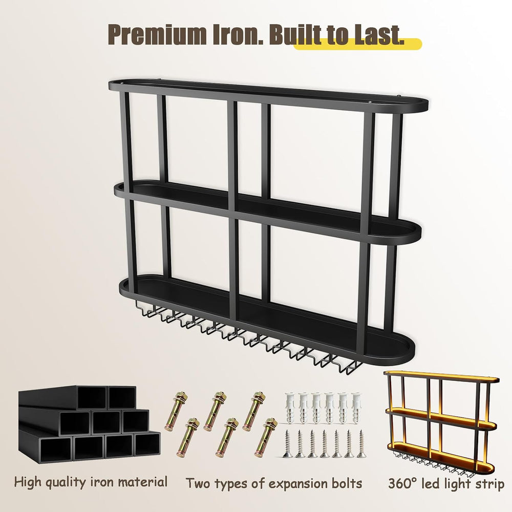 70.8in Wine Rack Wall Mounted - 360° Wrap-Around Curved LED Lights | 3-Tier F...