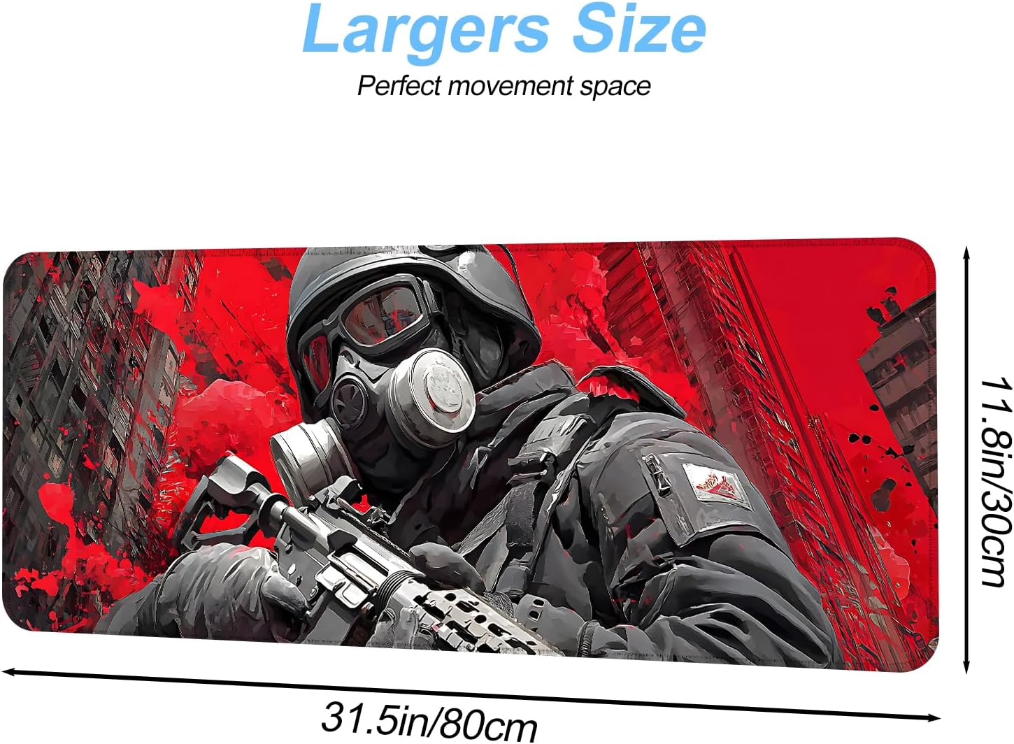 Tactical Soldier Gaming Mouse Pad – 31.5" x 11.8" Extended Desk Mat with Red Urban Battle Scene – Non-Slip Base, Smooth Surface for Gamers & Office Use