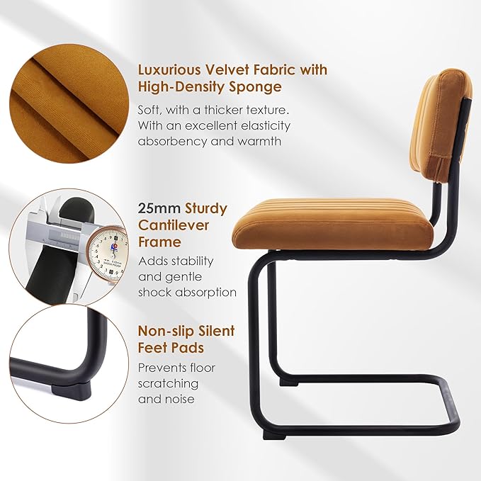 ONEVOG Velvet Dining Chairs Set of 2, Upholstered Kitchen Dining Room Chair, Comfy Chair with Black Metal Legs, Cantilevered Design Chair for Bedroom, Living Room (Orange)